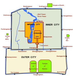 A map showing two rectangular areas outlined in black. The upper area is filled in with light green and labeled "Inner City"; in its middle is another black-outlined orange rectangle labeled "Forbidden City". Below it is a wider rectangle filled in in green and labeled "Outer City".