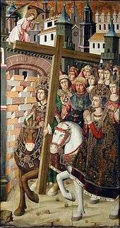 15th century, Spanish, medieval painting showing Heraclius on a horse returning the True Cross to Jerusalem, anachronistically accompanied by Saint Helena