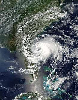 Satellite imagery of a tropical storm approaching the eastern coast of Florida