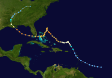 The path of a tropical cyclone as represented by colored dots; each dot denotes the location and strength of the tropical cyclone at six-hour intervals.