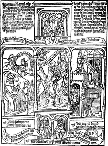 A monochromatic woodcut print of a page from a mediaeval book depicting a bible scene.