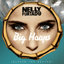 A cutout of Nelly Furtado's face between her forehead and nose is contained inside a wooden hoop earring.