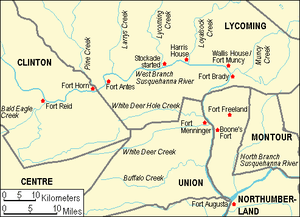 Eleven forts were built along or near the West Branch Susquehanna River between Fort Augusta, near the confluence with the North Branch Susquehanna, and Fort Reid at Lock Haven, near the confluence with Bald Eagle Creek.