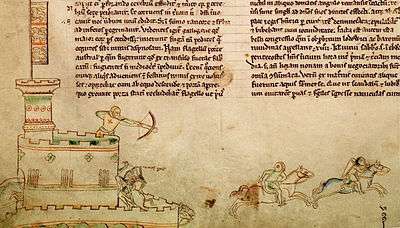 A drawing in the borders of a manuscript of an archer in a tower shooting at a horse-back rider