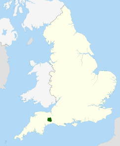 Map of England and Wales with a green area representing the location of the Blackdown Hills