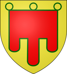 Red-and-green finger-shaped crest on gold background