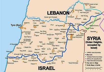 A map showing a light blue and a dark blue line between Lebanon and Israel.