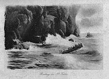A rowing boat with eleven men and women near cliffs and violently tossed by waves.