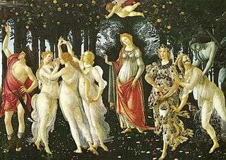 Painting. A forest scene with figures, the central representing Venus. Left, the Three Graces dance and the God Mercury drives away clouds with his staff. Right, a wind God with dark wings swoops to catch a wood nymph who is transformed into another figure, the stately Goddess Flora who scatters flowers.