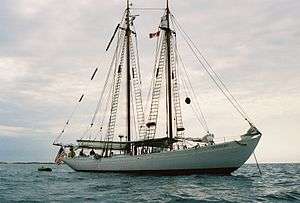 Bowdoin at anchor, sails furled, in calm seas.