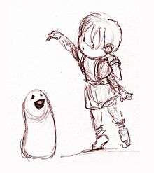 Hand-drawn sketch of the young Boy holding a jellybean over the Blob's head.