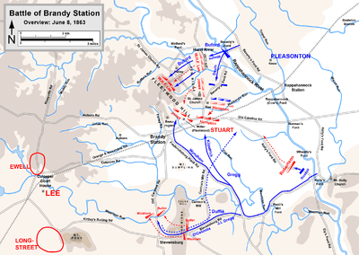A map showing Union actions and Stuart's responses at the Battle of Brandy Station