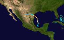 A map of a path across the eastern Gulf of Mexico into Texas. The Pacific Ocean can be seen on the left of the image, most of Central America is visible at the bottom and most of Cuba is shown on the right.