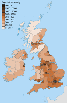 A map of the British Isles showing the relative population densities across the area.