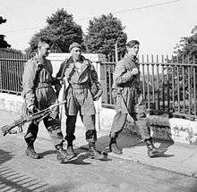 Three men carrying weapons walking along a railing lined footpath