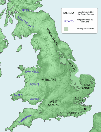 Map of the island of Great Britain. At the far north are the Picts, then below them Strathclyde and Northumbria. In the middle western section are Gwynedd, Powys, Dyfedd, and Gwent. Along the southern shore are Dumnonia, the West and South Saxons, and Kent, running from west to east. In the center of the island is Mercia. Along the eastern central coast are the East Angles and Lindsey.
