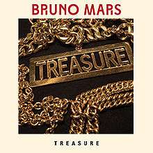 A gold chain with the word "Treasure" on the bottom of the chain. The same word can also be found under the gold chain in black capital font and on the top of the latter, the words "Bruno Mars" in red capital font.
