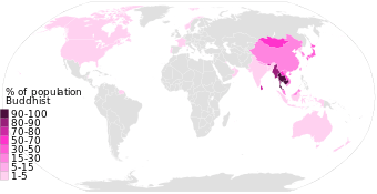 purple Percentage of Buddhists by country, showing high in Burma to low in United States