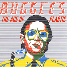 A cartoon version of Trevor Horn. On top of it is the red text "Buggles The Age of Plastic," as well the names of the tracks included on side one of the album.