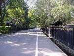 A street lined by wooden plank fences and small wooden gates.