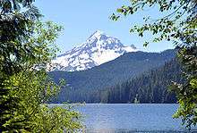 A snow-capped conical mountain rises in the distance beyond heavily forested hills at the far end of a lake.