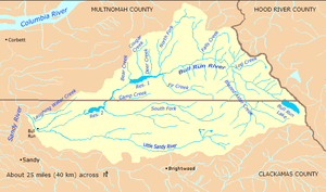 The Bull Run River watershed forms part of the western border of Hood River County, Oregon, on the east. The watershed tapers to the river's confluence with the Sandy River, on the west. The watershed is almost evenly divided between Clackamas County, on the south, and Multnomah County, on the north.