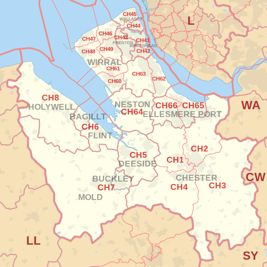 CH postcode area map, showing postcode districts, post towns and neighbouring postcode areas.