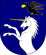 Blue shield with a white, rearing unicorn under a flying black bird