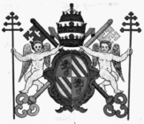 Rendition of the coat of arms of Pope Pius IX with supporters: two angels, each holding a papal cross.