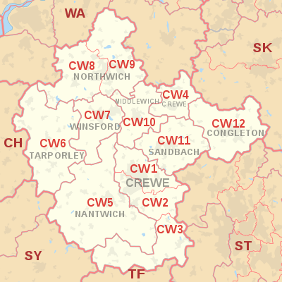 CW postcode area map, showing postcode districts, post towns and neighbouring postcode areas.