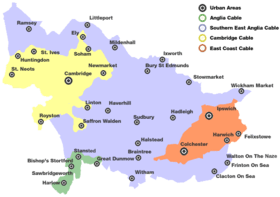 Franchise map showing areas served by Anglia Cable, Southern East Anglia Cable, Cambridge Cable and East Coast Cable
