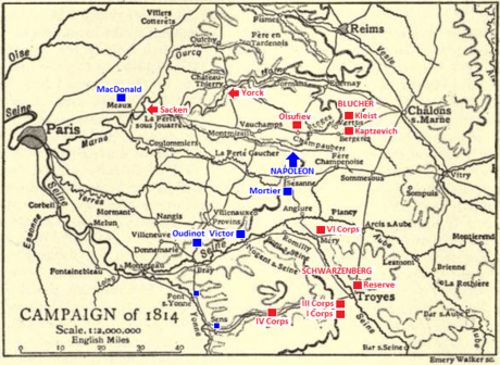 Black and yellow map of the Campaign of 1814 in 1:2,000,000 scale with troop positions added