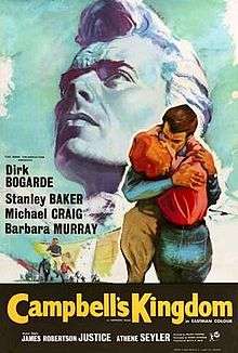 Film poster with a huge Dirk Bogarde head in the background, looking upwards and resembling the Mount Rushmore heads, a kissing couple in the right foreground, and people running from a bursting dam in the left foreground.