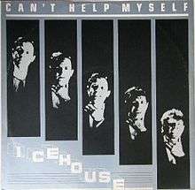 Single title across top, followed by five separated photos of band members diagonally down to right. Band name, Icehouse, displayed step-wise at bottom left.