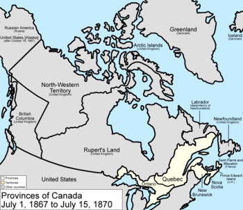 Map of the Dominion of Canada on July 1, 1867, showing the nation's provinces of Ontario (southern portion only), Quebec (southern portion only), New Brunswick, and Nova Scotia in the colour white