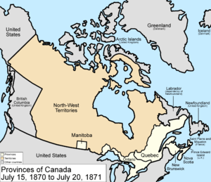 Map of the country of Canada on July 15, 1870, depicting the postage stamp sized province of Manitoba along with the provinces of Ontario (southern portion only), Quebec (southern portion only), New Brunswick and Nova Scotia in the colour white, Rupert's Land which comprises the lands draining into Hudson Bay and are depicted in the colour pink. The area called British Columbia, Newfoundland, Labrador, Alaska, and the northerly Islands are depicted in bluish grey colour, and are not a part of Canada.