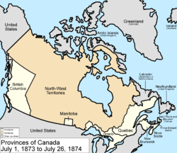 Map of the country of Canada on July 1, 1873, depicting the postage stamp sized province of Manitoba along with the provinces of Ontario (southern portion only), Prince Edward Island, Quebec (southern portion only), New Brunswick, British Columbia and Nova Scotia in the colour white. The North-West Territories is depicted in the colour pink. The area called Newfoundland, Labrador, Alaska, and the northerly Islands are depicted in bluish grey colour, and are not a part of Canada.