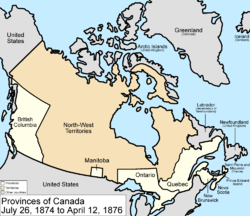 Map of the country of Canada on June 26, 1874, depicting the postage stamp sized province of Manitoba along with the provinces of Ontario northern border extended to the 51st parallel north, Prince Edward Island, Quebec (southern portion only), New Brunswick, British Columbia and Nova Scotia in the colour white. North-West Territories are depicted in the colour pink.  The area called Newfoundland, Labrador, Alaska, and the northerly Islands are depicted in bluish grey colour, and are not a part of Canada.