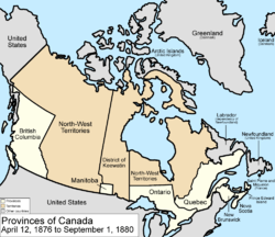 Map of the country of Canada on April 12, 1876, depicting the postage stamp sized province of Manitoba along with the provinces of Ontario northern border extended to the 51st parallel north, Prince Edward Island, Quebec (southern portion only), New Brunswick, British Columbia and Nova Scotia, in the colour white, Rupert's Land now named the North-West Territories is separated by the District of Keewatin north of Manitoba. Territories are depicted in the colour pink.  The area called Newfoundland, Labrador, Alaska, and the northerly Islands are depicted in bluish grey colour, and are not a part of Canada.