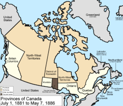Map of the country of Canada on July 1, 1881, depicting the larger postage stamp sized province of Manitoba along with the provinces of Ontario northern border extended to the 51st parallel north, Prince Edward Island, Quebec (southern portion only), New Brunswick, British Columbia and Nova Scotia, in the colour white. The disputed area between Manitoba and Ontario is coloured black. Provinces are coloured white. Rupert's Land now named the North-West Territories  and is divided by the slightly smaller District of Keewatin north of Manitoba (a postage sized province still) Territories are the colour pink; additionally now the northern arctic islands are a part of the NWT.  The area called Newfoundland, Labrador, and Alaska are depicted in bluish grey colour, and are not a part of Canada.