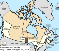 Map of the country of Canada on May 7, 1886, depicting the larger postage stamp sized province of Manitoba along with the provinces of Ontario northern border extended to the 51st parallel north, Prince Edward Island, Quebec (southern portion only), New Brunswick, British Columbia and Nova Scotia, in the colour white. The disputed area between Manitoba and Ontario is coloured black. Provinces are coloured white. The North-West Territories is separate from the slightly smaller District of Keewatin north of Manitoba.  Territories are depicted in the colour pink; additionally now the northern arctic islands are a part of the NWT.  The District of Keewatin now has a geographically shaped border to encompass the eastern borders of the newly formed provisional districts of the NWT.  The area called Newfoundland, Labrador, and Alaska are depicted in bluish grey colour, and are not a part of Canada.