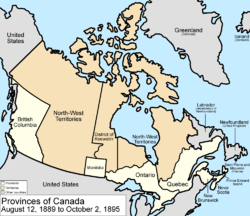 Map of the country of Canada on August 12, 1889, depicting the larger postage stamp sized province of Manitoba along with the provinces of Ontario, Prince Edward Island, Quebec (southern portion only), New Brunswick, British Columbia and Nova Scotia, in the colour white. The disputed area between Manitoba and Ontario is resolved, Ontario expands west to the Lake of the Woods and north to the Albany River. The Northwest Territories is separate from the District of Keewatin and additionally the northern arctic islands are a part of the NWT. The District of Keewatin now has a geographically shaped border to encompass the eastern borders of the newly formed provisional districts of the NWT. The area called Newfoundland, Labrador, and Alaska are depicted in bluish grey colour, and are not a part of Canada.