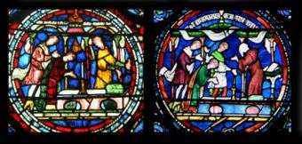 Round sections of two stained glass windows both show a scene of a person kneeling at an altar while onlookers talk. The number of onlookers, small details and colour schemes are different.