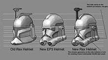 Concept art comparing three different clone trooper helmets.