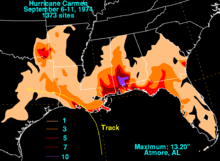 Map of the southeastern United States showing rainfall amounts from Hurricane Carmen
