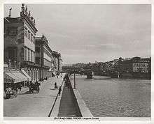Vista del Lungarno Corsini a Firenze con la Galleria d'Arte Pietro Bazzanti e Figlio. Firenze 1890