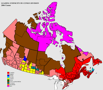 Map of Canada colour-coded for the 2006 census results for the leading ethnicity by census division