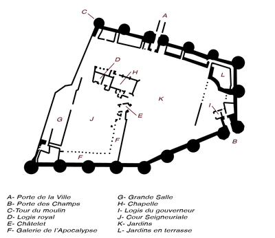 Key: A: gate to the medieval town; B: south gate; C: Tour de moulin; D: royal lodgings; E: chatelet (a type of gatehuose); F: gallery of the Apocalypse Tapestry; G: great hall; H: chapel; I: governor's lodgings; J: inner court; K: gardens; L: terraced gardens