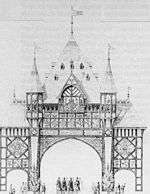 An elevated view of a black-and-white drawing of an elaborate arched structure. At the bottom are three arches, the central one being the largest.  Above these is a highly decorated spire with smaller turrets on each side.  Under the spire are friezes containing crowns and heraldic shields, and the inscription "WELCOME EARL and COUNTESS of CHESTER".