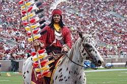 A brown and white spotted horse ridden by a sports mascot in modern-day Native American attire waving a flag stands on a sports field. More people are visible on the field, and a large crowd fills the stadium seating in the background.